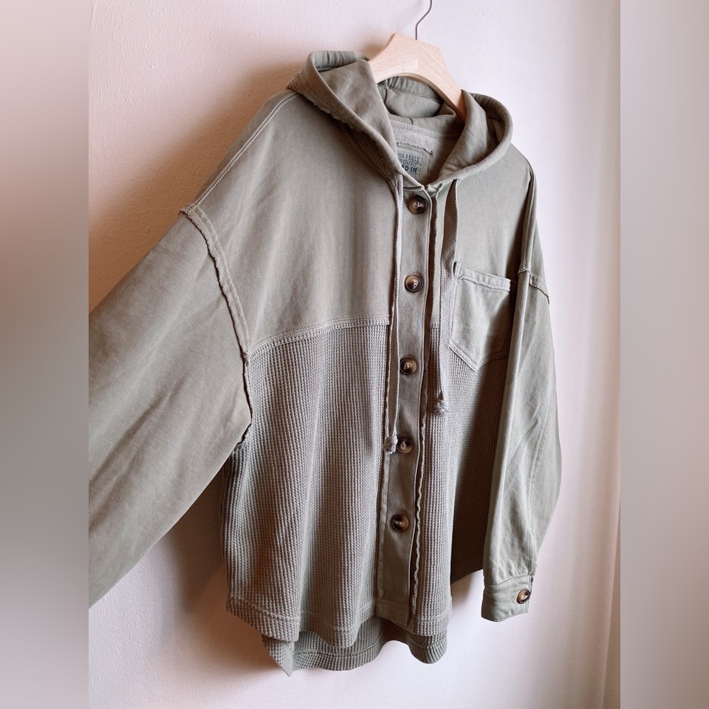 🫒American Eagle Waffle Knit Shacket Button Down Hoodie Oversized Green XS - Picture 4 of 12